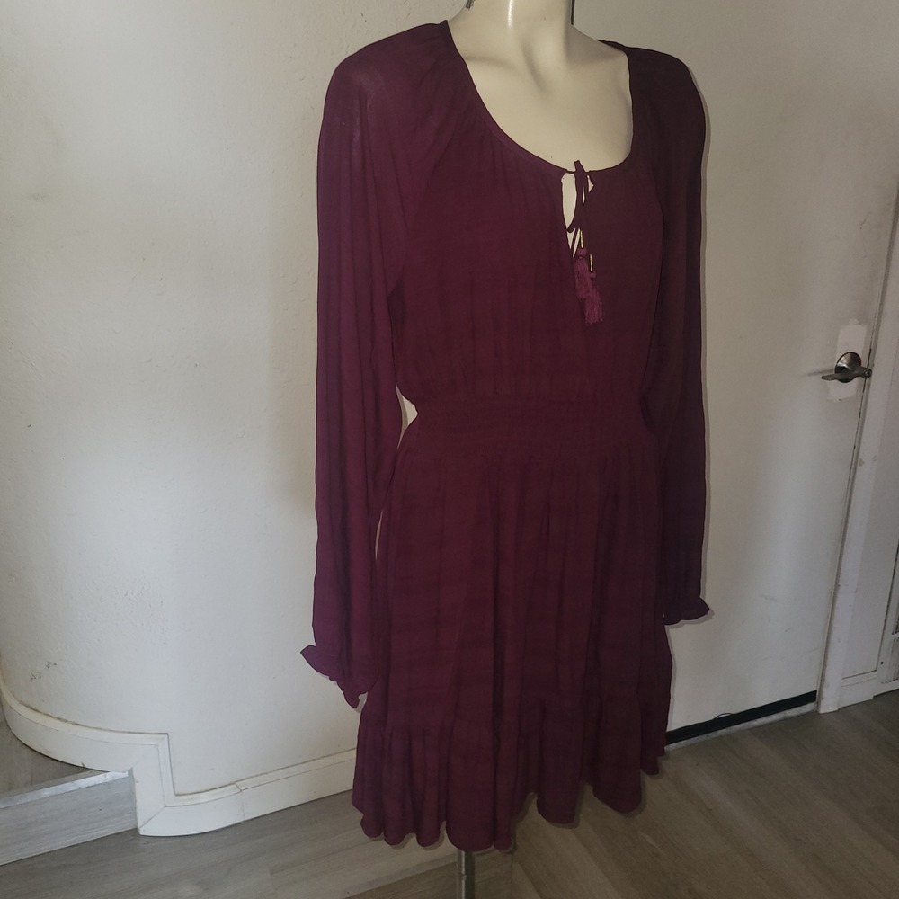 Idyllwind Womens Smock Long Sleeve Mini Dress Burgundy Lace Up Tassels Boho M - Picture 3 of 8